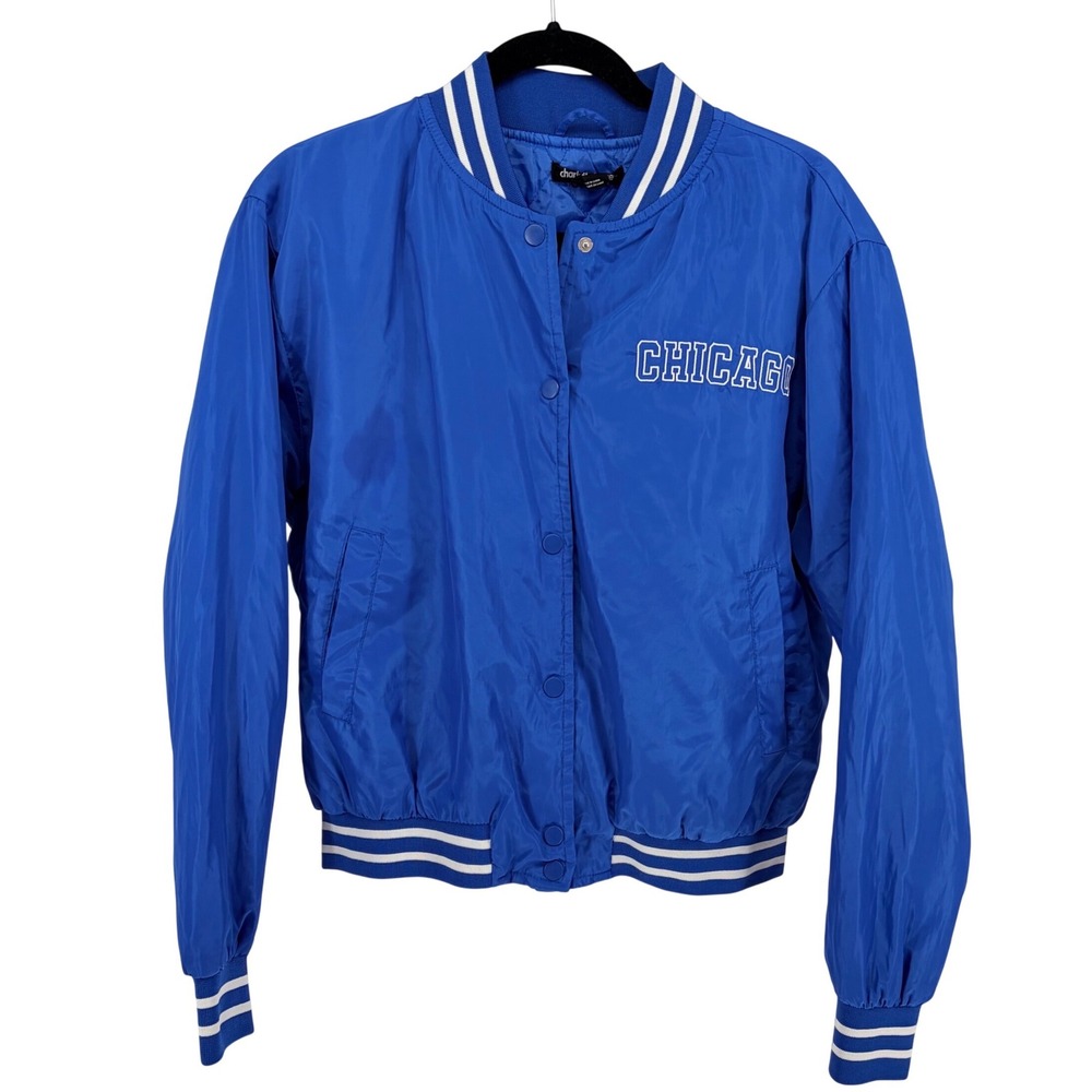 Charlotte Russe Varsity Bomber Jacket S Blue Chicago Illinois Snap Front Sporty
